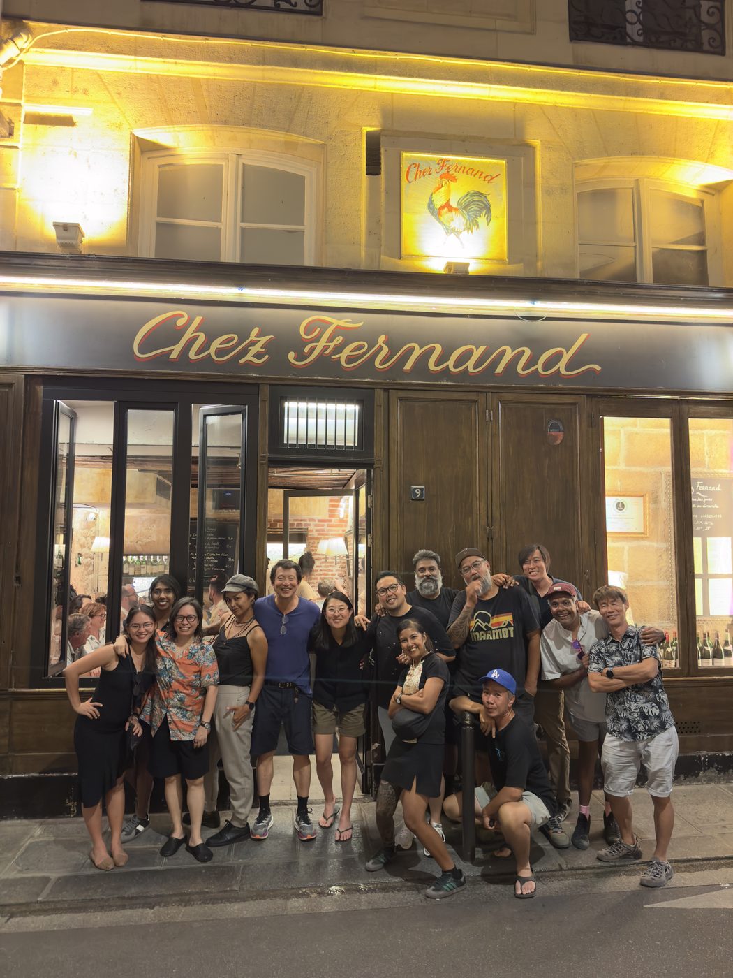 The crew of Man of the Hour outside Chez Fernand in Paris