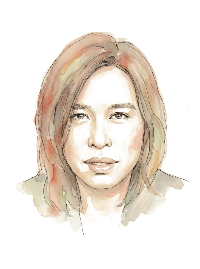Ink-wash portrait of Karen Seah
